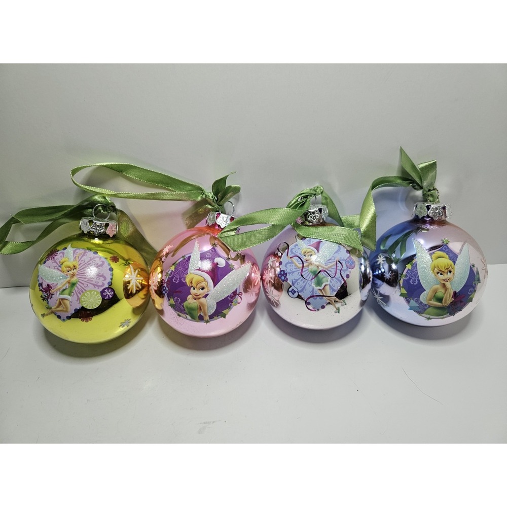 Disney Store Tinker Bell Glass Ball Ornaments Set 4 Metallic Pastel Ribbons 3"